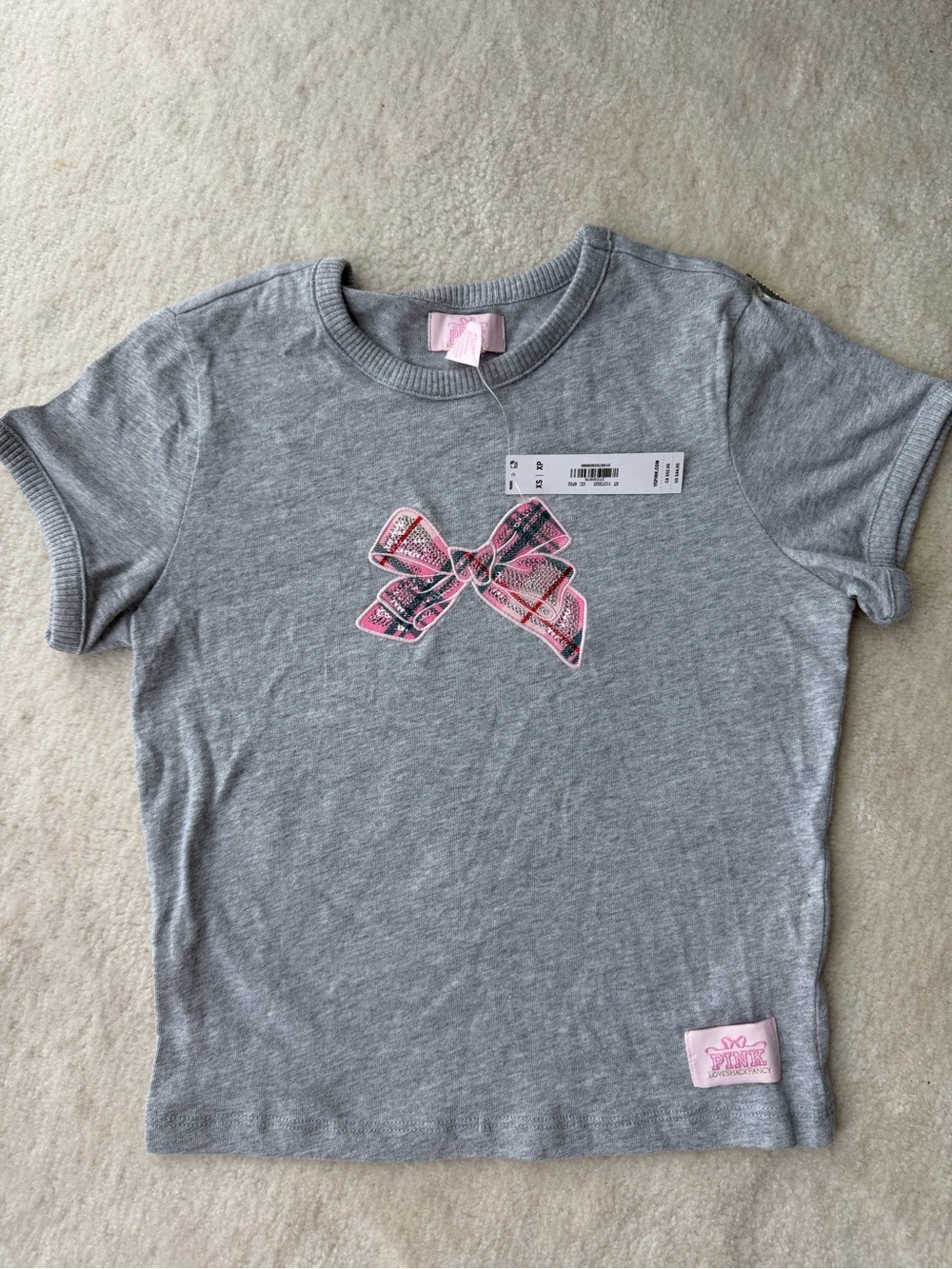 BNWT Victoria’s Secret Pink LoveShackFancy Gray Tee with Pink Sparkly Bow Accent